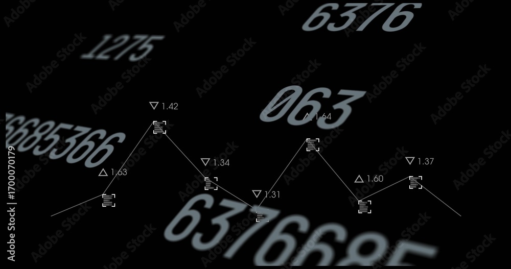Wall mural displaying white line graph on dark canvas with trend markers, numeric labels, numbers, copy space