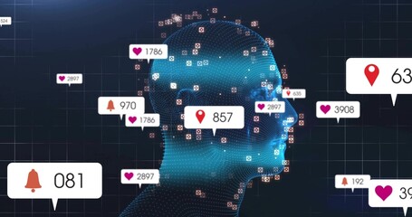 Displaying digital mesh head facing right on dark blue grid, with floating social media icons