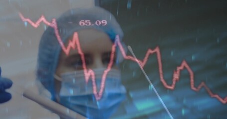 Positioning swab next to sample tube in lab, gloved masked tech showing red graph 65