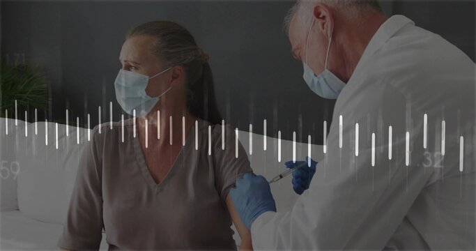 Administering doctor injecting vaccine into woman on sofa with face masks, syringe and waveform - Powered by Adobe