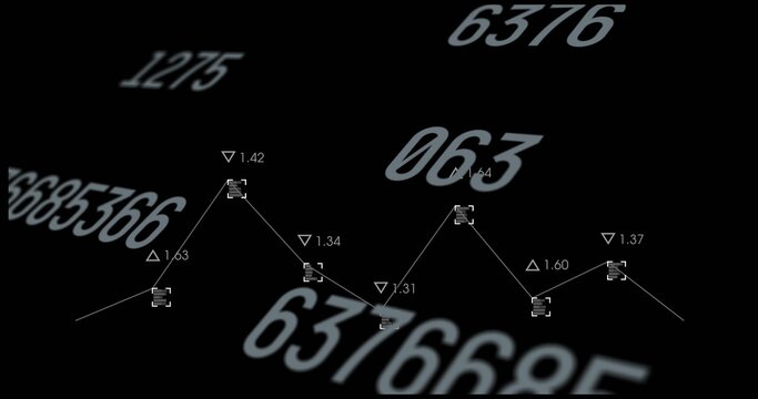 Displaying white line graph on dark canvas with trend markers, numeric labels, numbers, copy space
