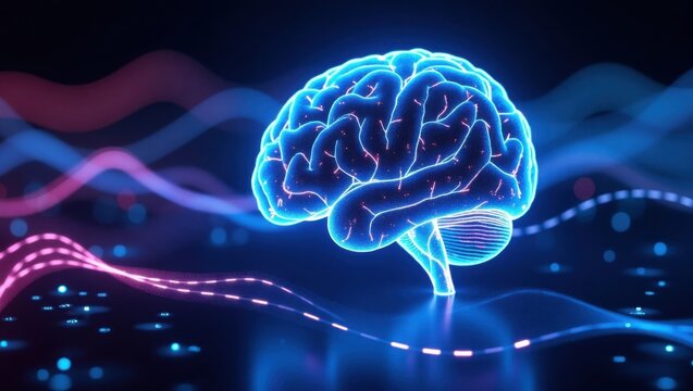Un cerebro digital vibrante y brillante con intrincados patrones de circuitos y venas azules pulsantes, rodeado de ondas de luz de ne&oacute;n ondulantes