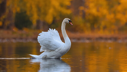 Fototapeta premium White swan glides on golden autumn lake bird water