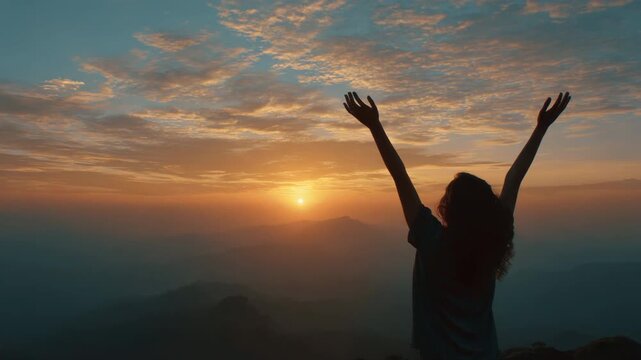 Successful woman stand top of alps mountain. Fun adventure. Hiker achieve high rock peak. Travel success freedom motivation concept. Tourist climber go hike enjoy view. Backpacker explore epic journey