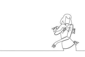 One line drawing of a girl holding insect repellent spray while surrounded by mosquitoes, health concept, international theme for Insect Repellent Awareness Day, minimalist style showing safety.