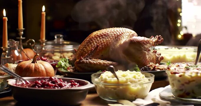 Thanksgiving Feast with Roasted Turkey and Sides.