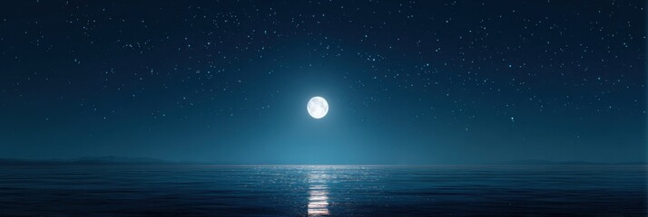 Bright moon shining in starry night sky reflecting on calm ocean surface with light blue color palette creating peaceful mysterious atmosphere for creative commercial design backgrounds.