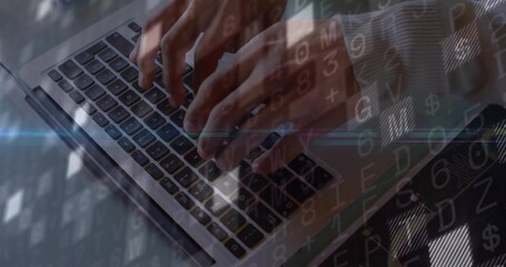 Typing man's hands pressing laptop keys at workspace, with floating code graphics overlay
