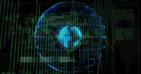 Displaying holographic dotted-line globe rotating on dashboard, with scrolling candlestick charts