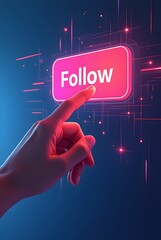 A 3D hand with a finger pointing to a glowing pink "Follow" button is set on a dark blue futuristic background with red and white digital elements.