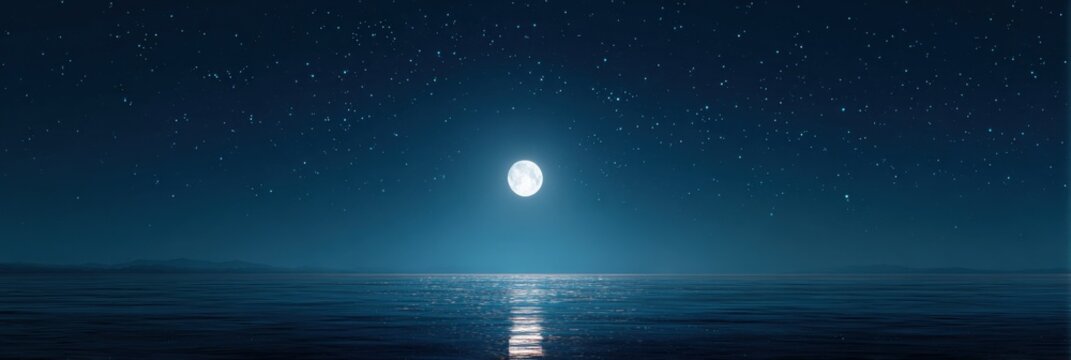 Bright moon shining in starry night sky reflecting on calm ocean surface with light blue color palette creating peaceful mysterious atmosphere for creative commercial design backgrounds.
