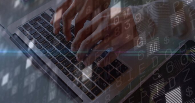 Typing man's hands pressing laptop keys at workspace, with floating code graphics overlay