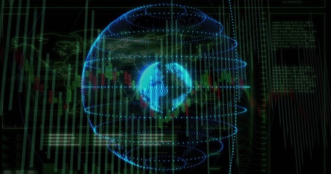 Displaying holographic dotted-line globe rotating on dashboard, with scrolling candlestick charts