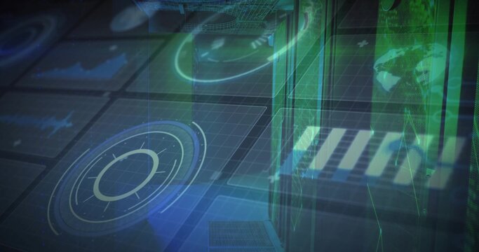 Projecting holographic circular reticle in command center showing panels, grid floor and world map