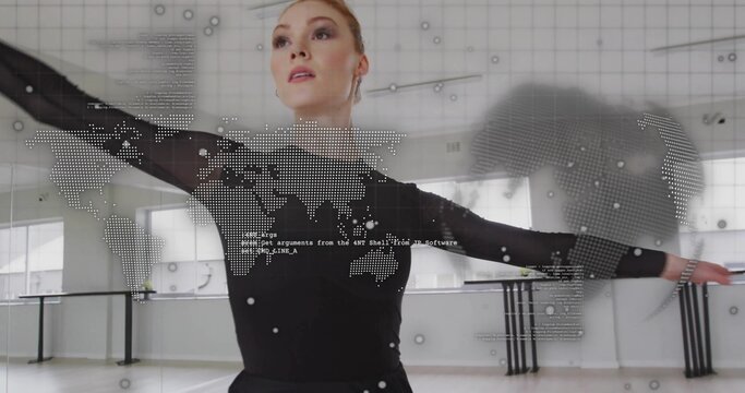 Posing adult dancer wearing black longsleeve top in dance studio, with digital world map overlay - Powered by Adobe