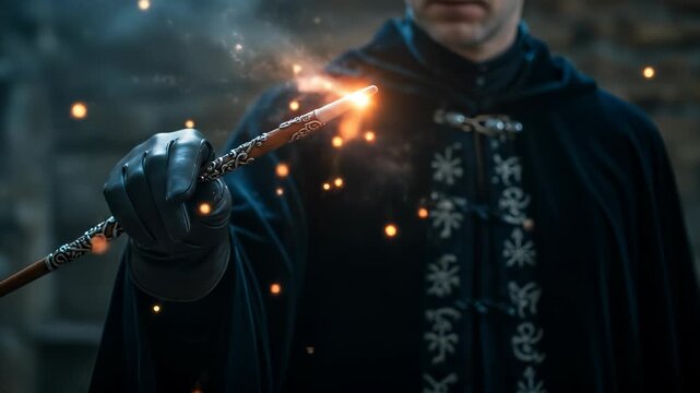 A mysterious adult wizard in a dark hooded cloak casts a powerful magic spell from his ornate wand, igniting vibrant sparks in an ethereal fantasy setting.