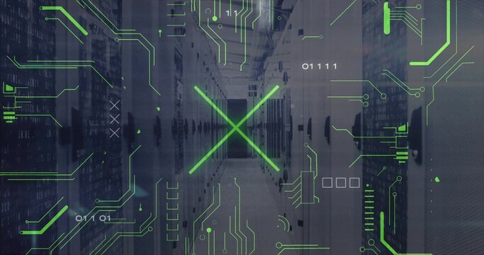 Extending central server rack corridor lining data center hall with blinking LEDs, green overlay