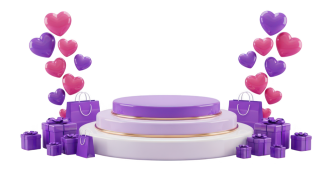 Celebration podium with gifts, shopping bags and hearts isolated on transparent background