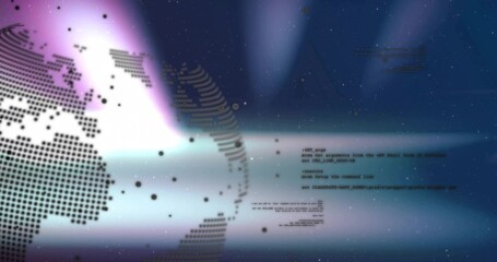 Rotating dotted globe occupying left of digital interface, with floating code fragments, copy space