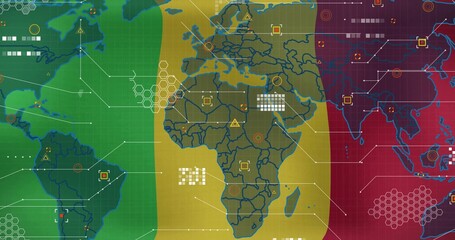 Naklejka premium Displaying world map segmented into tricolor bands on console, with hex grid, data nodes and arrows