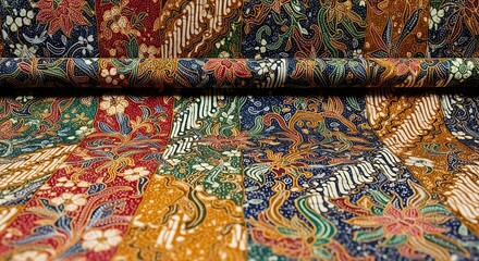 Colorful Batik Fabric Displayed with Intricate Floral and Geometric Patterns, Ready to Use