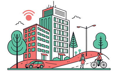 Smart City Life: Modern Urban Landscape with Buildings, Connectivity, and People

