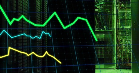 Displaying rack showing Ethernet cables, line graphs on grid overlay in datacenter, copy space
