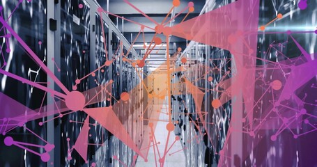 Glowing server racks lining data center corridor reflecting LEDs on floor, digital network overlay