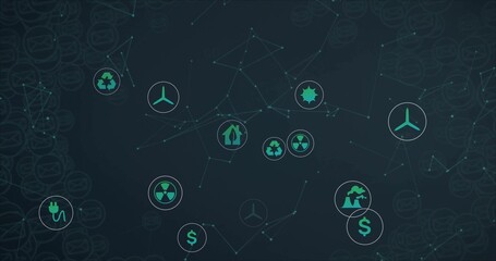 Glowing sustainability icons linking over network, with recycling wind turbine and nuclear symbols