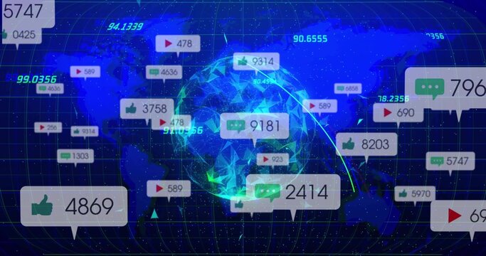 Showing glowing polygonal globe on virtual dashboard with grid lines, metric bubbles, linking arcs