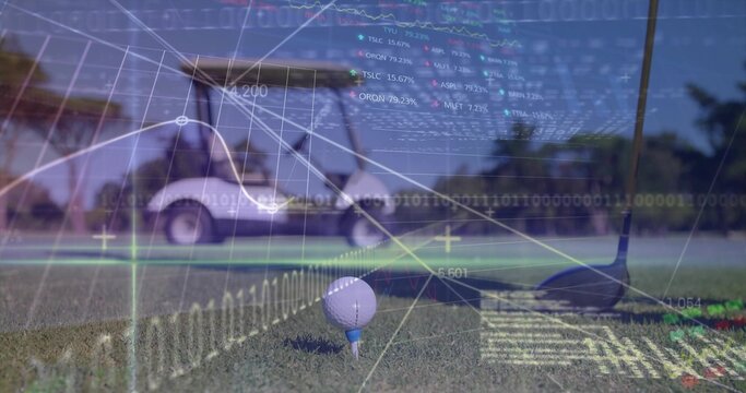 Showing golf ball sitting on tee at golf course, with club head, white cart, financial overlays - Powered by Adobe