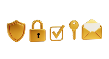 Golden security icons shield, lock, checkmark, key, and envelope isolated on white isolated on transparent background