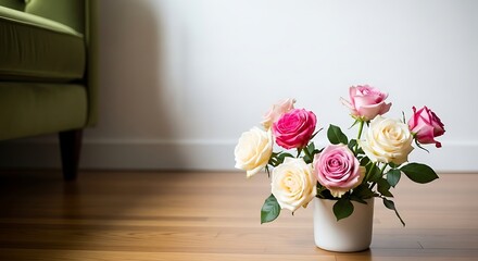 Fototapeta premium Beautiful bouquet of pink and white roses in a vase on a wooden floor beside a sofa