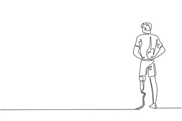 Continuous line drawing of a man with a prosthetic leg, hands on waist, rear view, Reflecting strength, determination, and awareness for World Day for Assistive Technology under a health concept.