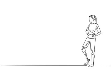 One line drawing of a confident woman standing with a prosthetic leg, hand on waist, symbolizing empowerment, resilience, and the celebration of World Day for Assistive Technology in a health concept.