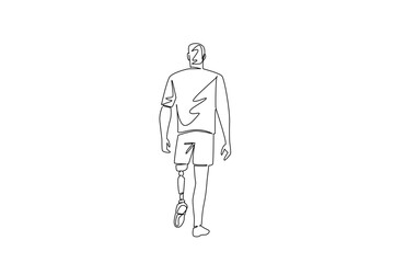 Single line drawing of a man walking confidently with a prosthetic leg, rear back view. representing progress, independence, and the spirit of World Day for Assistive Technology in a health concept.