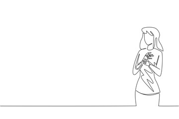 This single line drawing illustrates a woman with a prosthetic hand placed on her chest, symbolizing hope, resilience, and empowerment for World Day for Assistive Technology in a health concept.