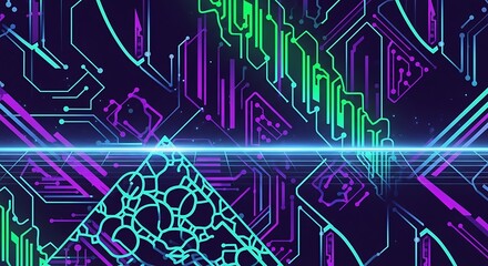 Vibrant neon circuit board patterns glowing with a futuristic digital energy and data streams
