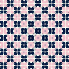 A bold, contemporary seamless pattern with a geometric twist on the classic Batik Kawung motif. The combination of dark blue, soft pink, and white creates a striking, modern look.
