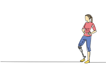 Fototapeta premium A single line drawing of a young woman with a prosthetic leg in casual clothing, representing inclusivity, resilience, and awareness for World Day for Assistive Technology in a health concept.