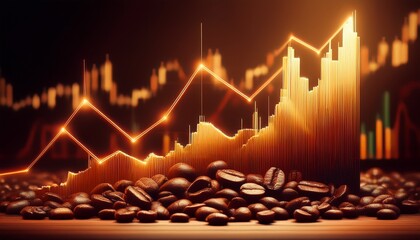 rising stock market graph underlines increasing coffee prices with floating coffee beans