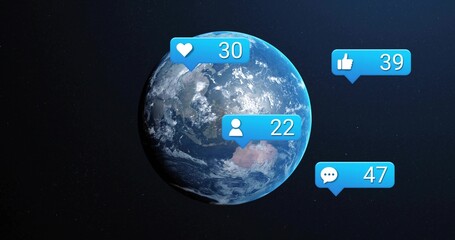 Floating planet Earth drifting in cosmic expanse, blue heart 30, user 22, like 39, comment 47