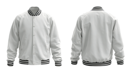 Front and back view of a blank, white varsity jacket