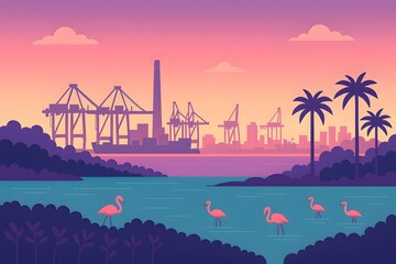 Stylized illustration of flamingos wading at Mumbai creek with industrial port and cranes in the background during pastel sunset.