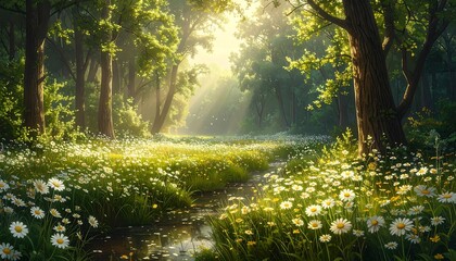 Fototapeta premium A sunlit meadow bathed in morning light, filled with wildflowers and a gentle stream, flowing through a lush green forest.