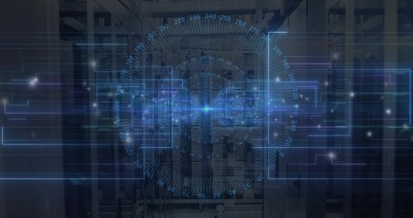 Rotating holographic circular interface showing data flows in data center with racks and cables