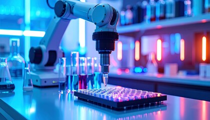 Robotic arm lab experiment with colorful liquids.
