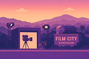 Flat vector illustration of a film studio lot at Film City in Goregaon, Mumbai, with set pieces, a movie camera, and a backdrop of the city skyline.

