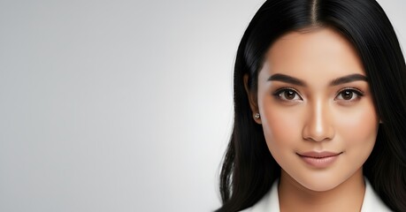 Fototapeta premium Portrait of a stunning Indonesian woman, full face, natural beauty, flawless skin, clean background