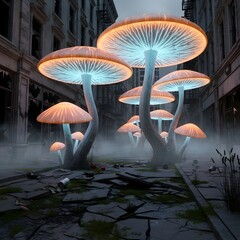 Giant Bioluminescent Mushrooms in Dystopian City